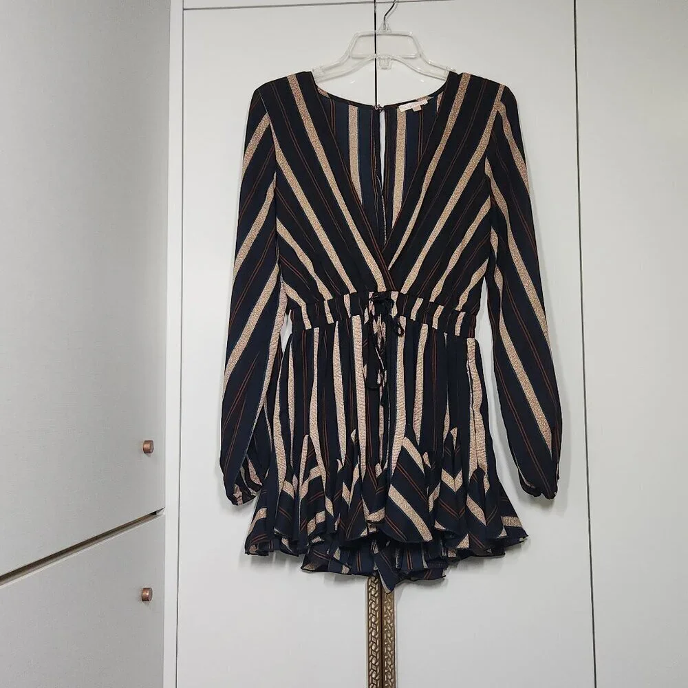 Luxxel Ruffle Romper Size S Navy Blue/Brown Long Sleeves